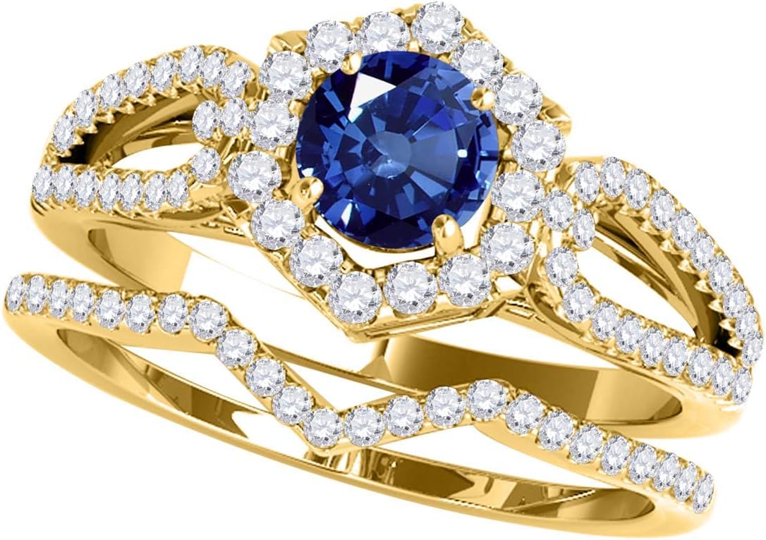 1.40 Carat Halo Sapphire And Diamond Bridal Set Prong-Setting 14k Yellow Gold