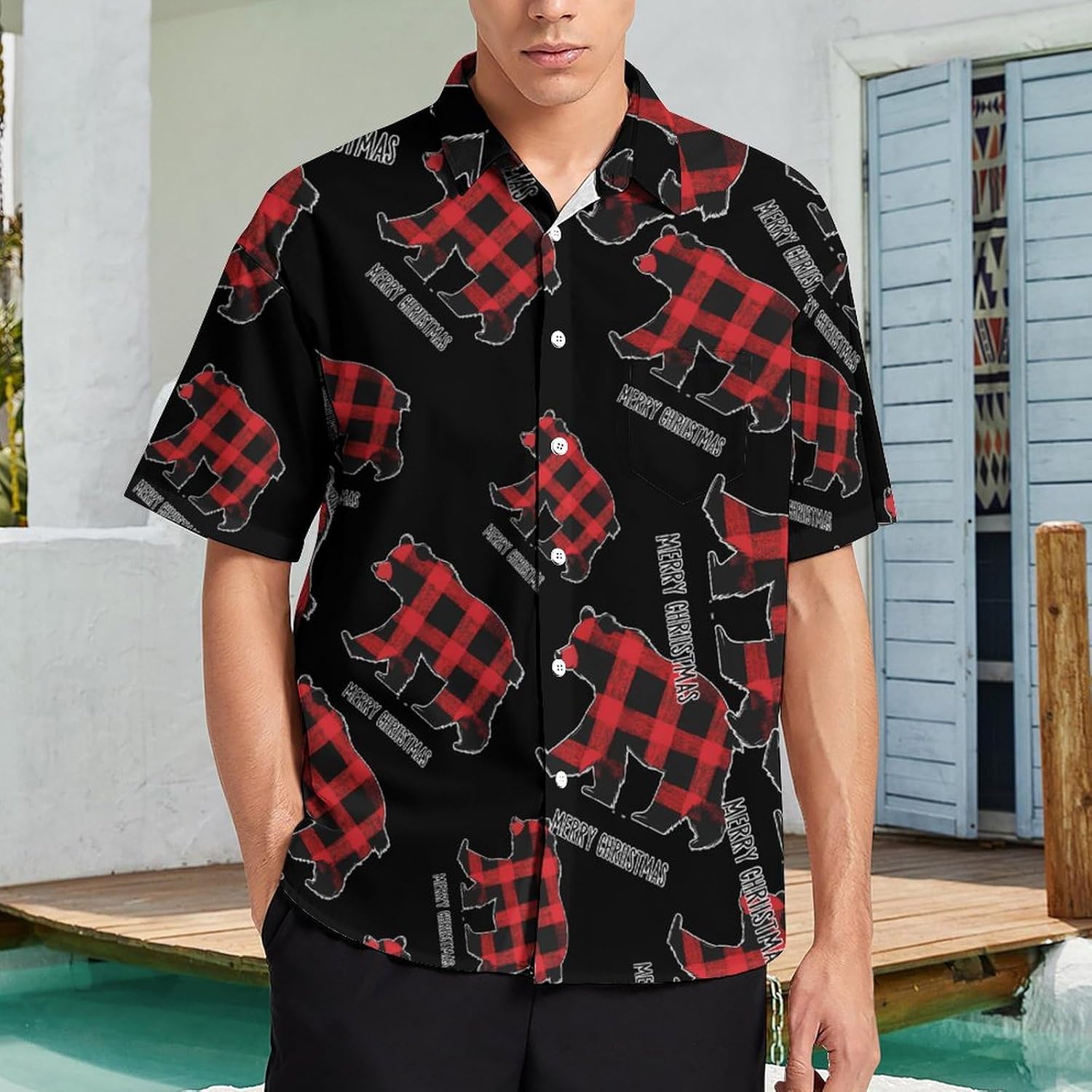 Red Black Christmas Bear Hawaiian Shirt for Men Short Sleeve Beach Shirts Casual Beach Party Clothing Tops 2XL
