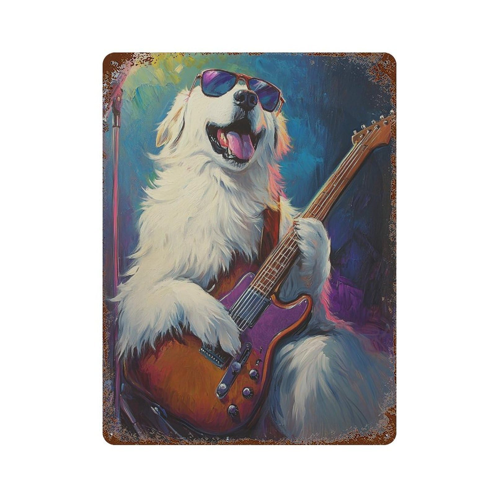Rock Star Pup with Guitar -3 Weathered Tin Sign 15.7"x11.8", Decorative Metal Wall Art for Garage, Bar And Workshop Decor