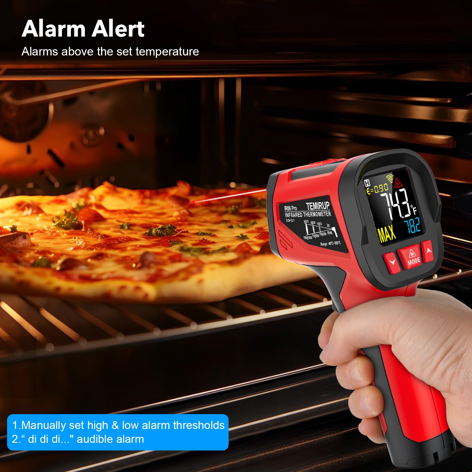 Pistola de temperatura con termómetro infrarrojo, -40.0 °C ~ 800.0 °C, pistola de temperatura láser digital con sonda para cocinar, hornos de pizza, planchas, carne, HVAC, pistola de