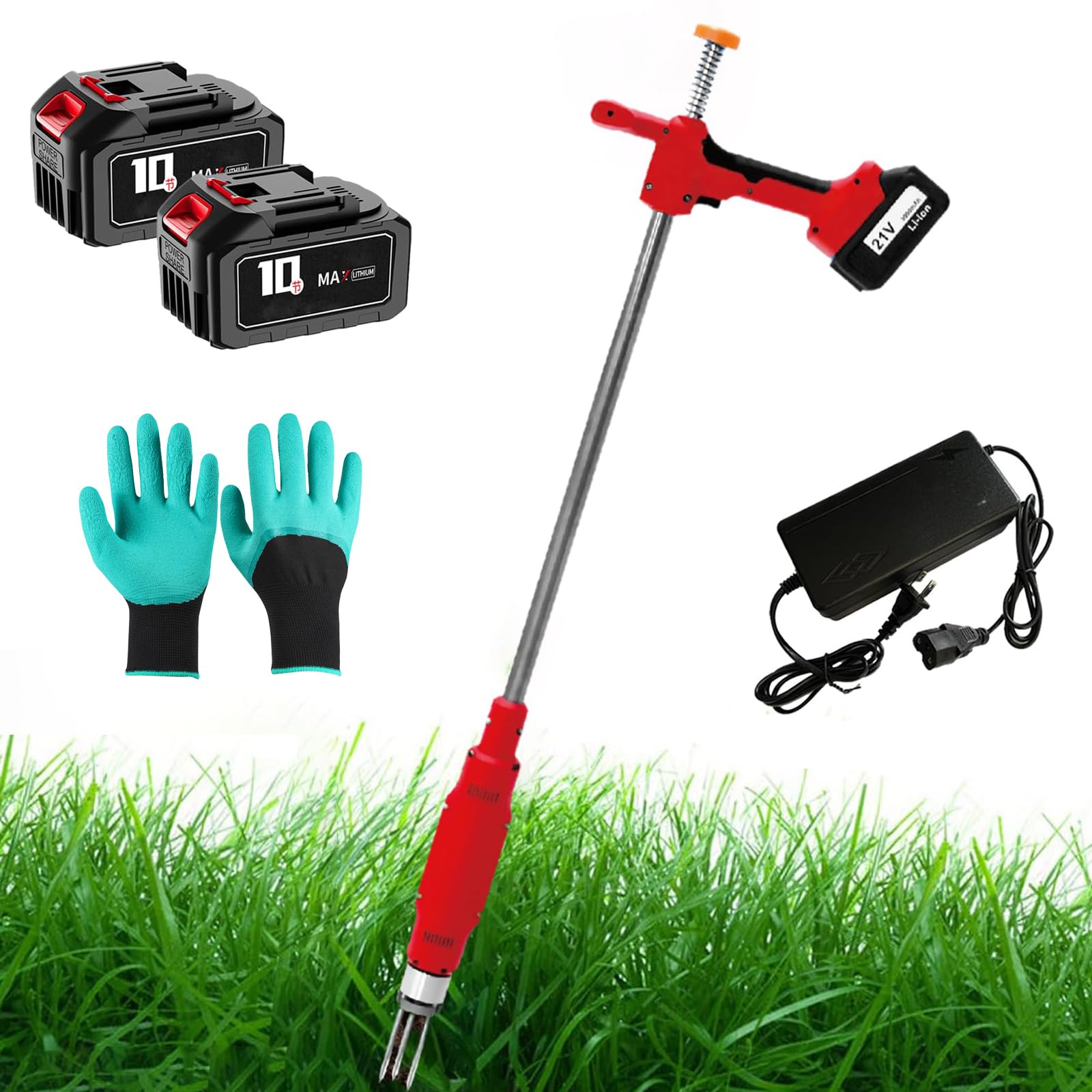 Estirpatore Elettrico per Erbacce, 21V Senza Fili Rimuovi Radici in Piedi con 2 Batterie E Caricatore Rapido, Attrezzo da Giardino con Manico Lungo E Tripla Griffa in Acciaio, per Prato E Orto