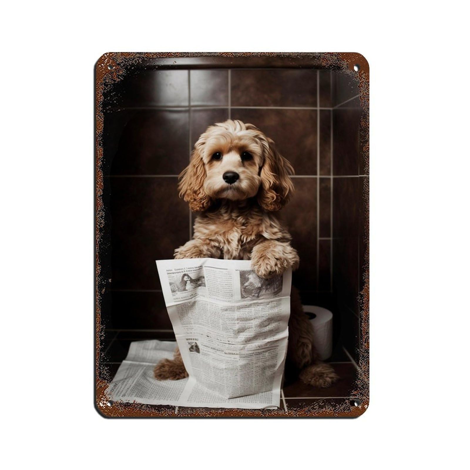 Cocker Spaniel Reading The Newspaper on The Toilet Bowl Tin Sign Vintage Metal Pub Club Cafe Bar Home Wall Art Decoration Poster Retro 12x16inch(30x40cm)