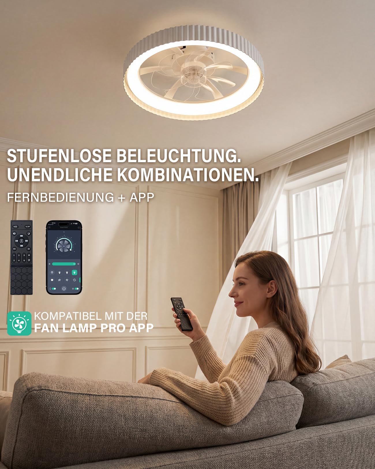 LEONTYNE Deckenventilator mit Beleuchtung, APP & Fernbedienung, Dimmbar 3000K-6500K, Leiser DC Motor Umkehrbar, 6 Geschwindigkeiten, Flach Modern für Schlafzimmer Wohnzimmer