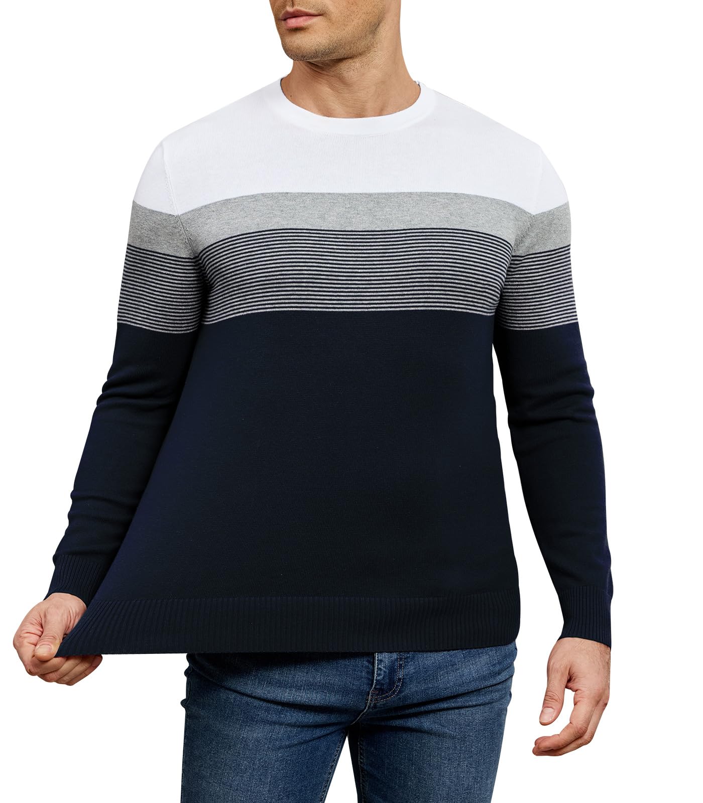 Genfien Hommes Pull à Col Rond et Manches Longues Chaud Pulls en Tricot Rayé Decontracté Sweater Casual 100% Coton