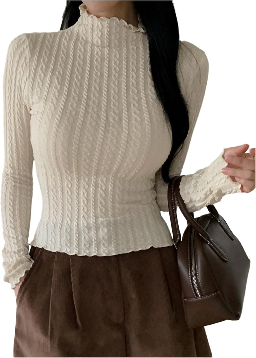 GORGLITTER Women's Cable Knit Mock Neck Tops Lettuce Trim Long Sleeve Slim Fit T Shirts Fall Business Casual Clothes