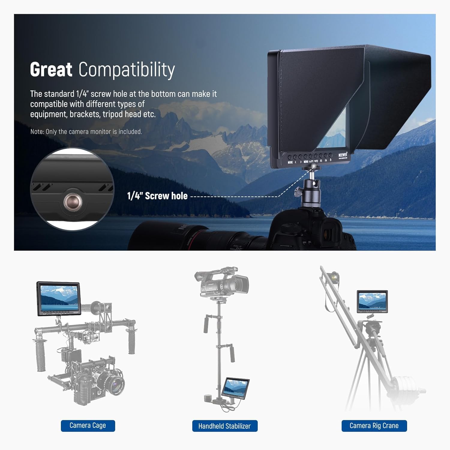 NEEWER F100 7" Monitor da Campo per Fotocamera HD Video Assist IPS 1280x800 HDMI 1080p con Batteria F750 4400mAh, Parasole e Testa Sfera 360° per DSLR Camera, Stabilizzatore Portatile, Rig Video Film