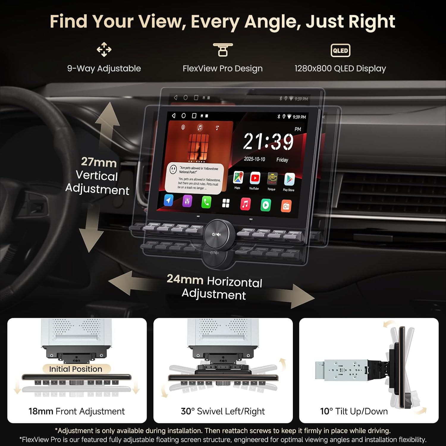 Single/Double Din Car Stereo - 10.1" QLED Floating Touchscreen w/Button, Wireless CarPlay/Android Auto, Wi-Fi/BT/USB, AI/DSP/RCA/GPS/Dual-HDMI, Spilt-Screen/MirrorLink,2GB+32GB,SWC Included