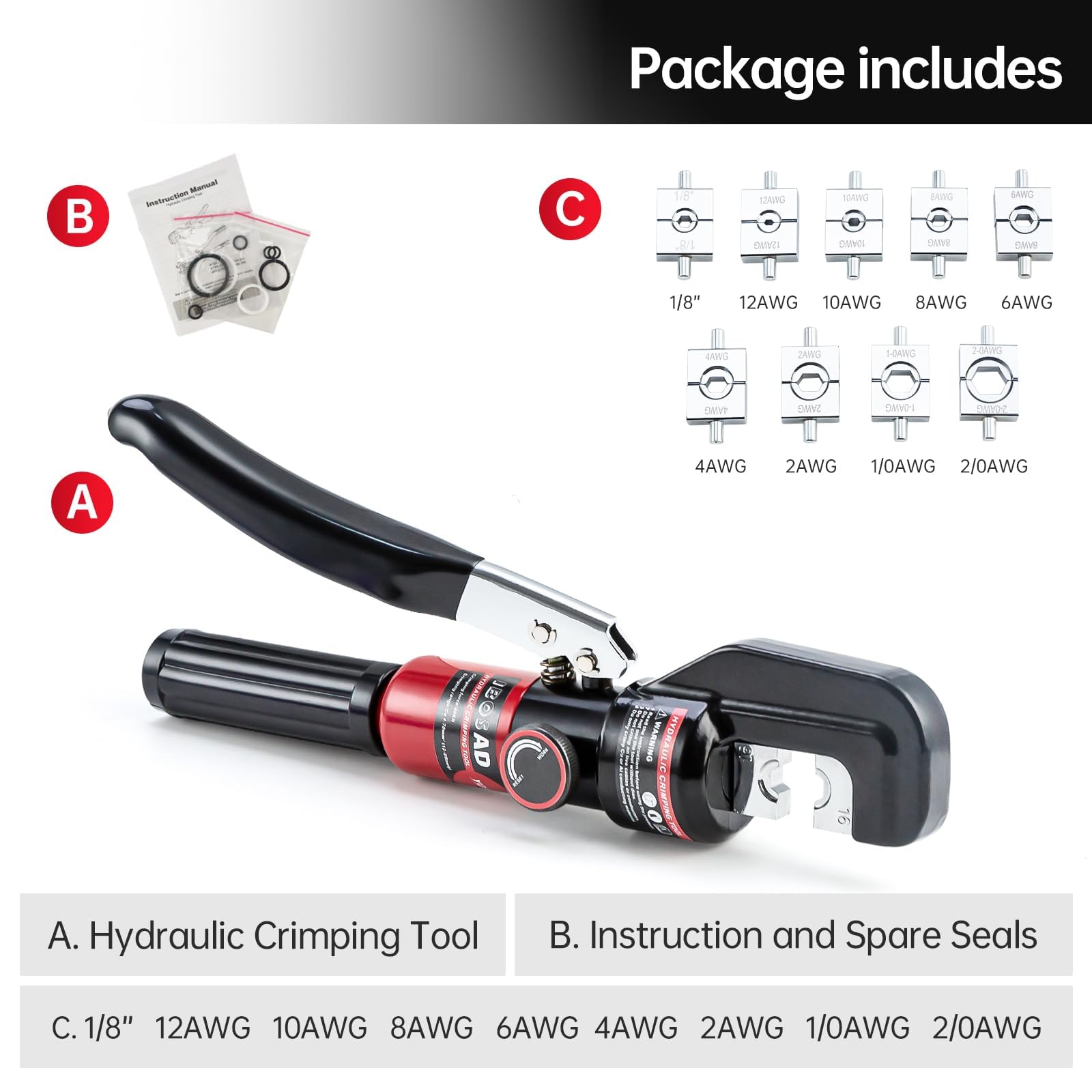 10 Ton Hydraulic Crimping Tool With 9 Dies - For Battery Cables (12-2/0 AWG) & Stainless Steel Cable (1/8", 3/16")