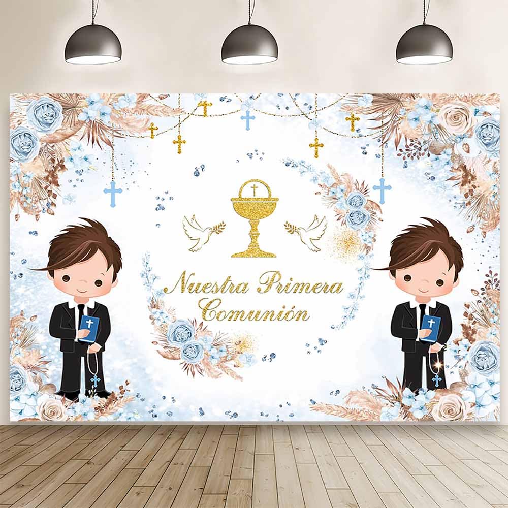 MEHOFOND 7x5ft Boho Nuestra Primera Comunión Backdrop for Twins Blue Floral First Holy Communion Photography Background Blue Nuestra Bautizo Chalice