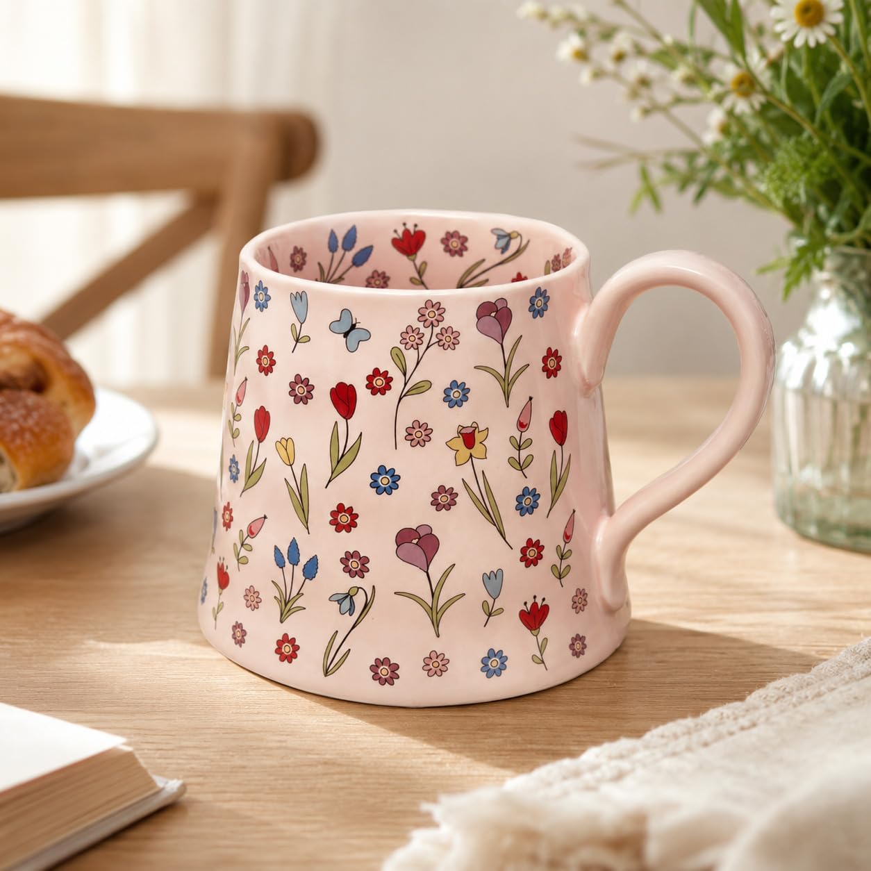Novelty Ceramic Coffee Mug with Big Handle, 13.5oz Pink Floral Tea Cup, Irregular Handmade Drinkware for Latte Cocoa Milk and Water