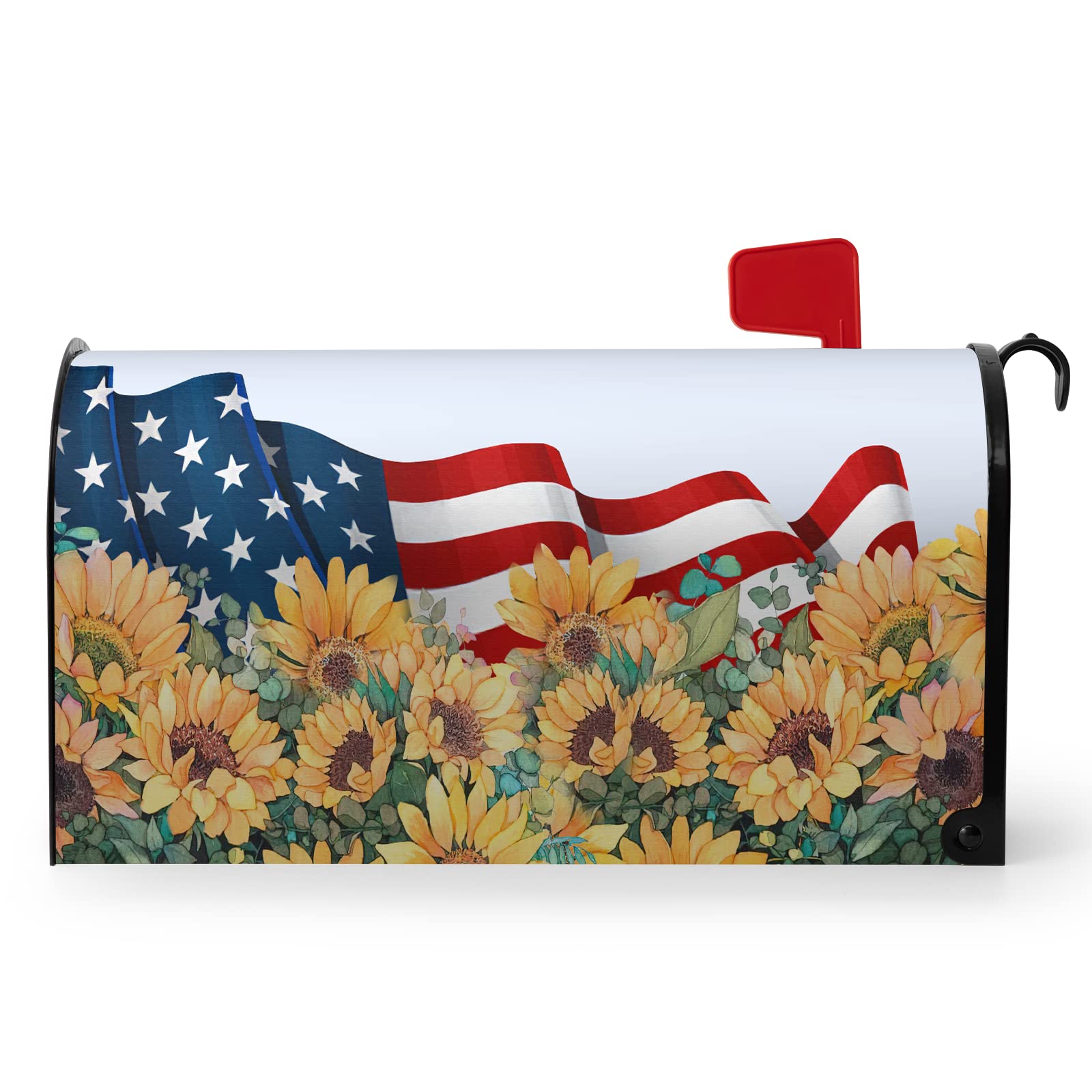 4th July Mailbox Cover, America USA Flag Floral Mailbox Wrap, Waterproof Magnetic Letterbox Covers Decorating, Sunflower Printing Durable Mailbox Covers Outdoor Decor Standard Size 21x18 Inch-image-29