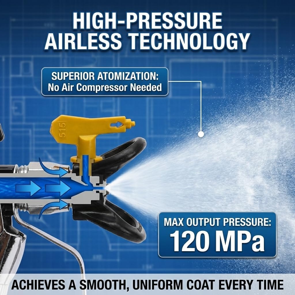 Airless Paint Sprayer, 1600W High Pressure Efficiency Stand Sprayer for House Painting, Home Interior, Exterior, Furniture, Fences - DIY Handyman & Professional Contractor Grade Spray Paint Machine