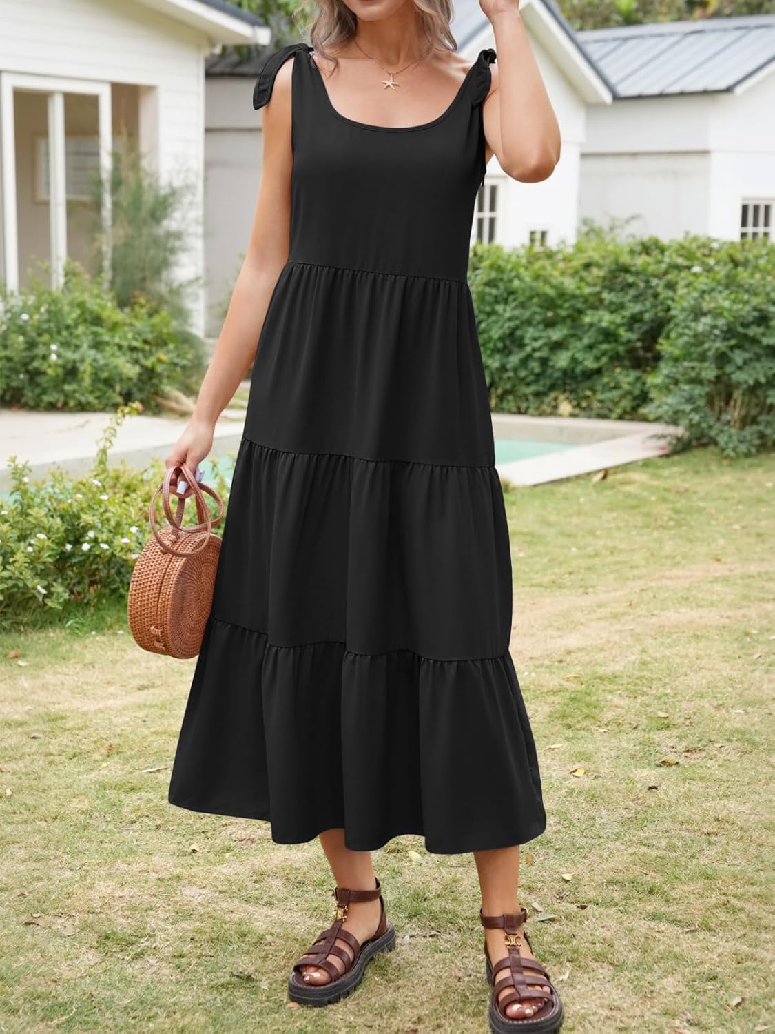 Wenrine Womens Summer Maxi Dress Casual Tie Strap Sleeveless V Neck Tiered Loose Flowy Beach Long Dresses with Pockets - Image 2