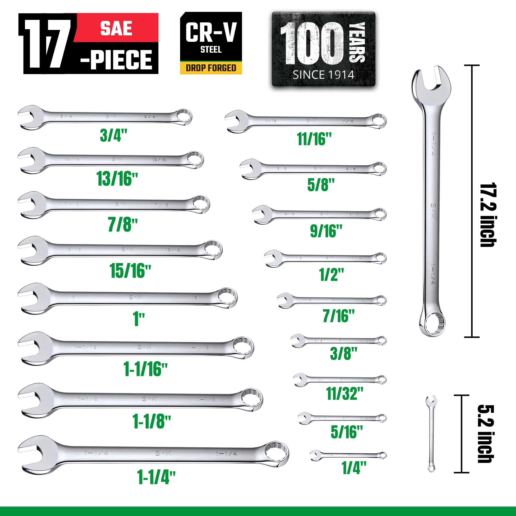 SK Zestaw kluczy płasko-oczkowych, SAE 1/10.2 cm do 1-1/10.2 cm, metryczny 6 do 32 mm, 42-częściowy, wykończenie SuperKrome, konstrukcja Premium CR-V, z torbą na kółkach