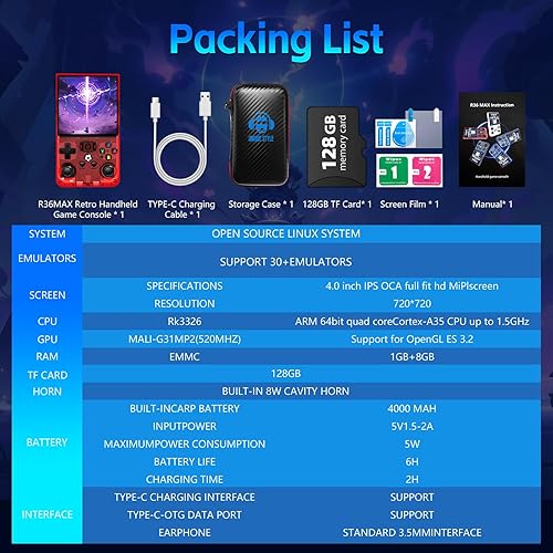 Miniatura 8 de R36MAX - Consola de juegos retro, consola de juegos retro de 4.0 pulgadas con memoria de 128 GB, consolas de videojuegos con batería de 4000 mAh y