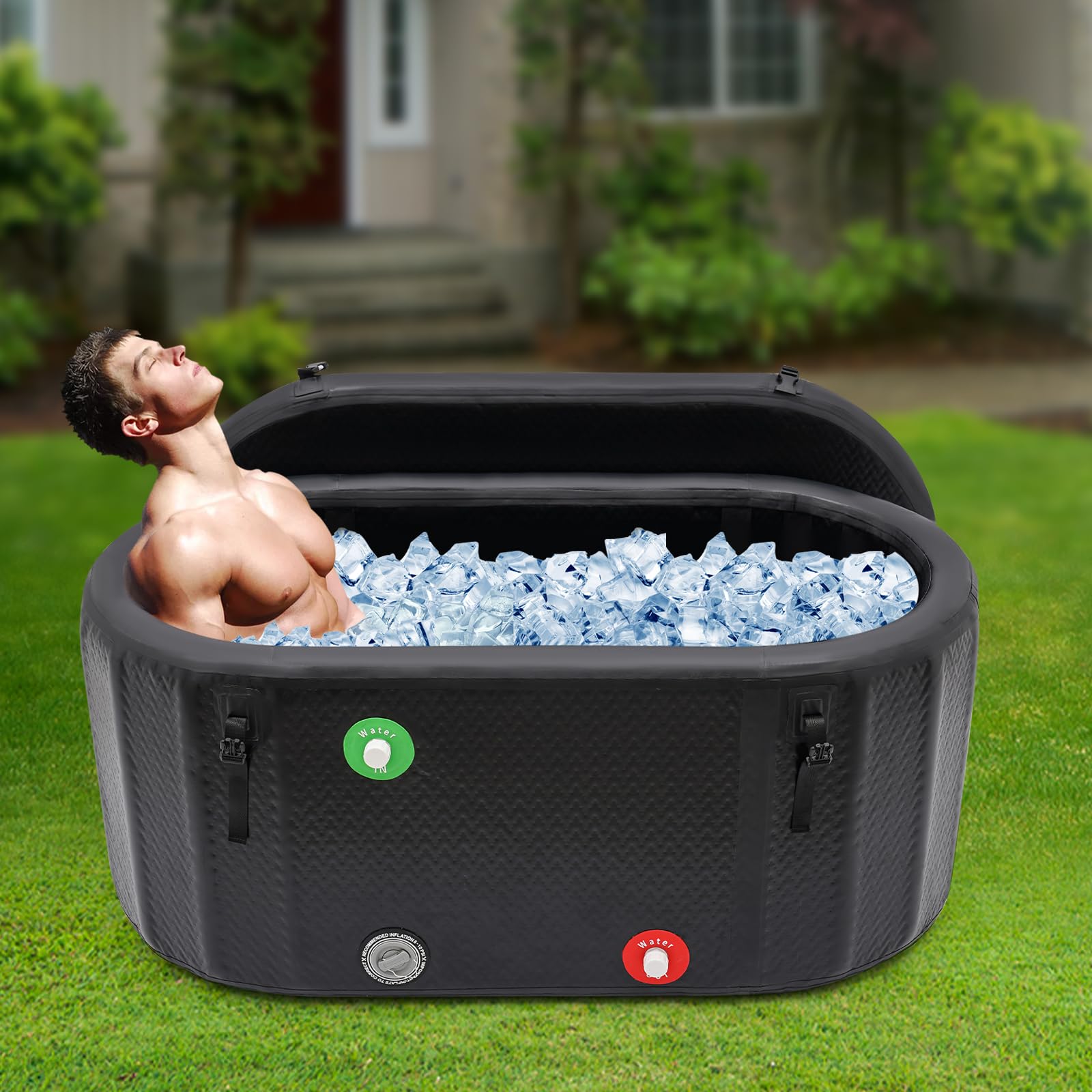 Vasca da bagno con ghiaccio, ovale, vasca da bagno pieghevole per adulti con copertura, pompa gonfiabile, vasca da bagno mobile per interni ed esterni, per crioterapia (132 x 70 x 62 cm)