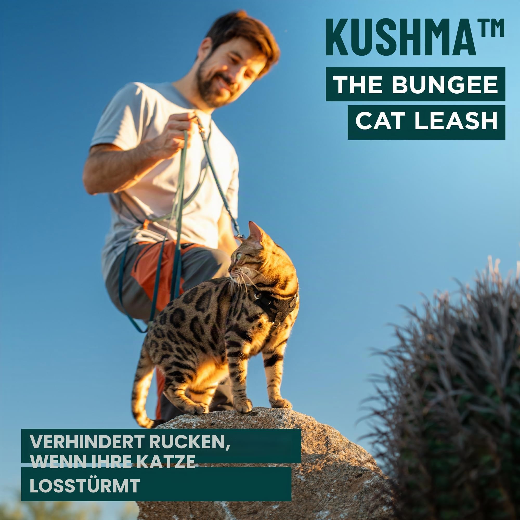 OutdoorBengal Kushma - Lange Leine für Katzen und kleine Hunde mit Bungee - Silikon + Nylon - kein Verheddern, freihändig für Taille und Körper, leicht - Extra Lange Katzenleine für kleine Hunde