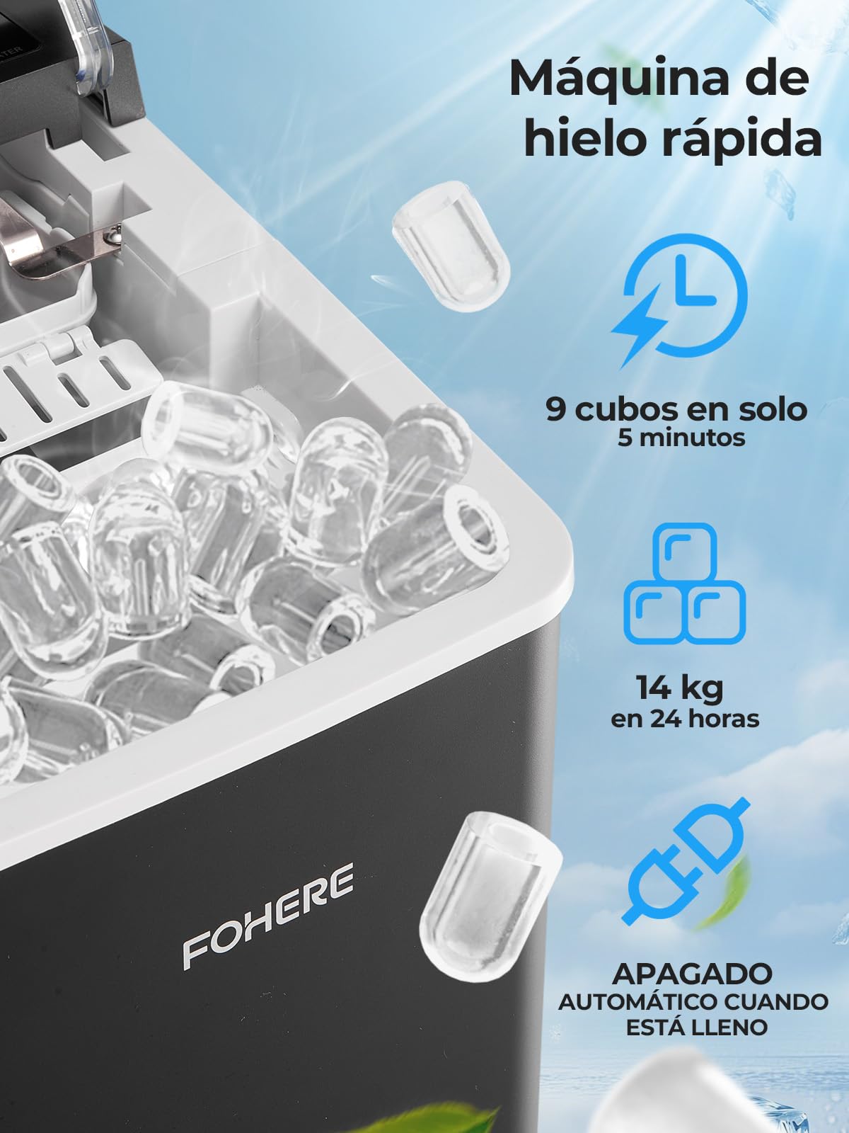 FOHERE Macchina Ghiaccio con Maniglia Portatile, 14kg/24h, 9 Cubetti Bullet in 5 Minuti, 2 Dimensioni, Autopulente, con Paletta & Cestello – Ideale per Casa Cucina Ufficio Camper Camping