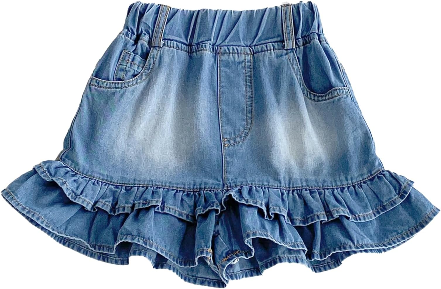 Girls Denim Shorts 2 Layers Ruffles Lace Kids Baby Workout and Fashion Skirt Shorts Summer Beach Sports Short Pants Light Blue 3-4T