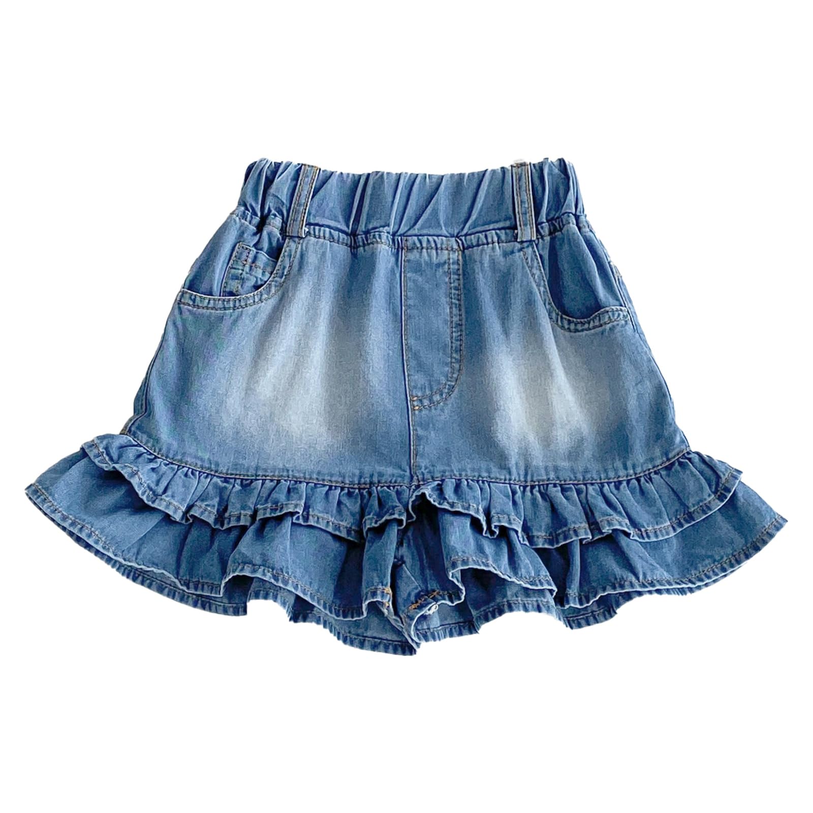 Girls Denim Shorts 2 Layers Ruffles Lace Kids Baby Workout and Fashion Skirt Shorts Summer Beach Sports Short Pants Light Blue 3-4T