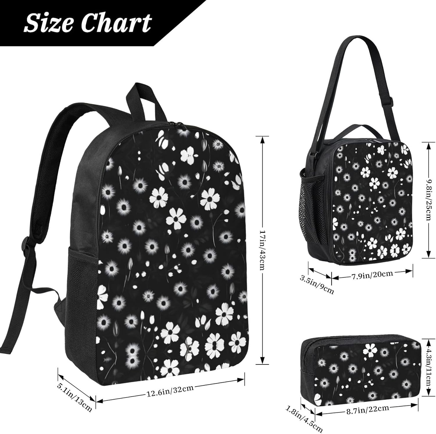 Black and white floral print print 3 Piece Backpack Bags with Lunch Box Pencil Case Set for Travel Work Camping Unisex