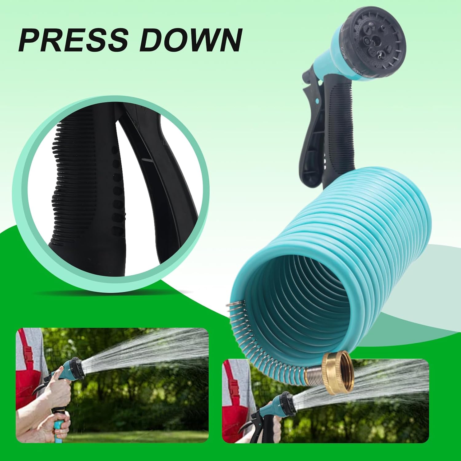 [Blue and green are shipped randomly.]RV External Shower, 3/8 in by 15-Foot Coil Hose with 1/2 Inch Quick Connect Adapter for RV Outdoor Shower, Boat Hose Coil, 3/4 Inch Fittings (With Sprayer)