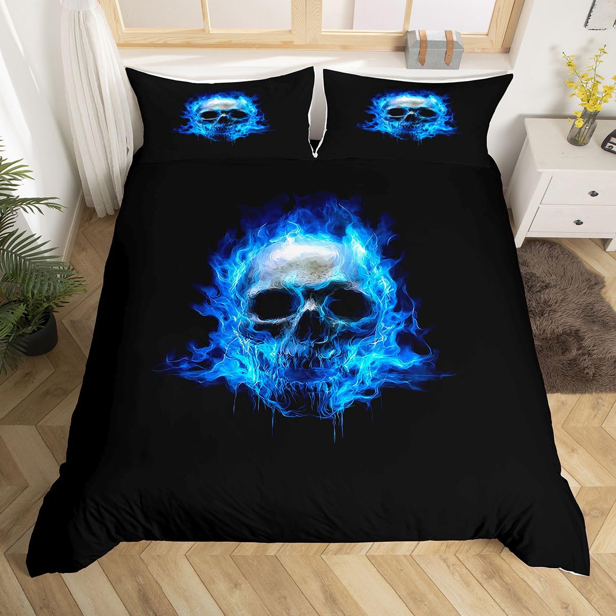 Feelyou Skull Duvet Cover Set Full Size Skull Pattern Bedding Set Digital Print Bones Skeleton Comforter Cover Set with 2 Pillow Shams, Gothic