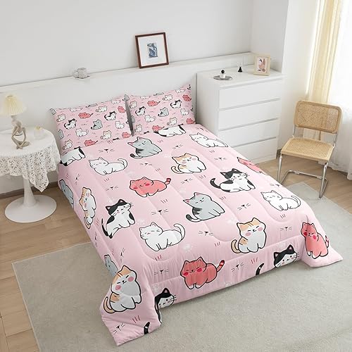 Miniatura 4 de Erosebridal Juego de ropa de cama de gato rosa para niñas, juego de edredón de animales lindos para niños, juegos de ropa de cama y colecciones de