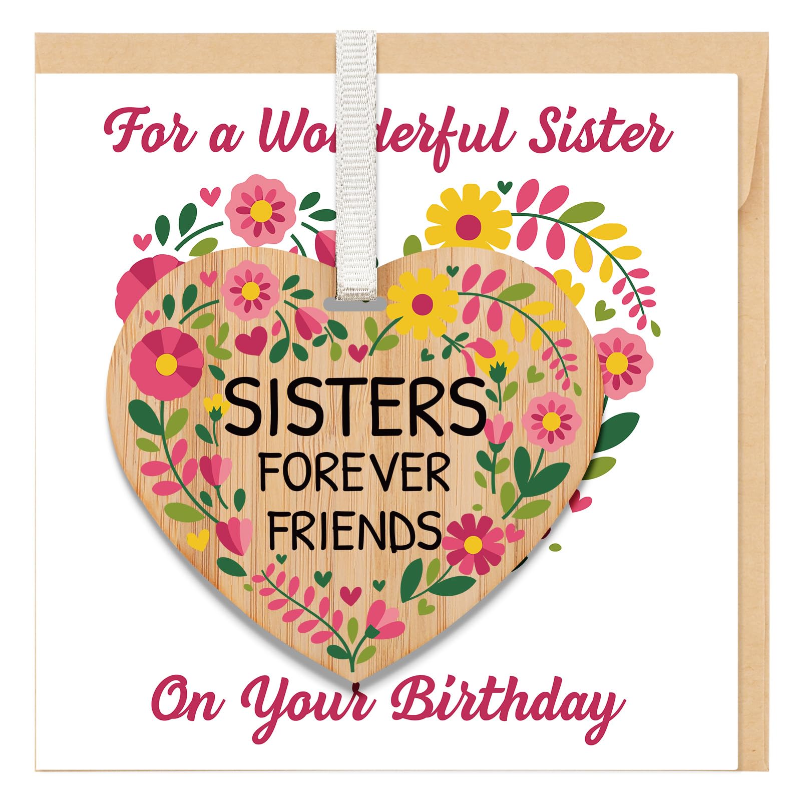 TheGiffter Sister Birthday Card, Sister Gift with Wooden Heart Plaque,Happy Birthday Card with Envelope for Sis from Brother Sibling
