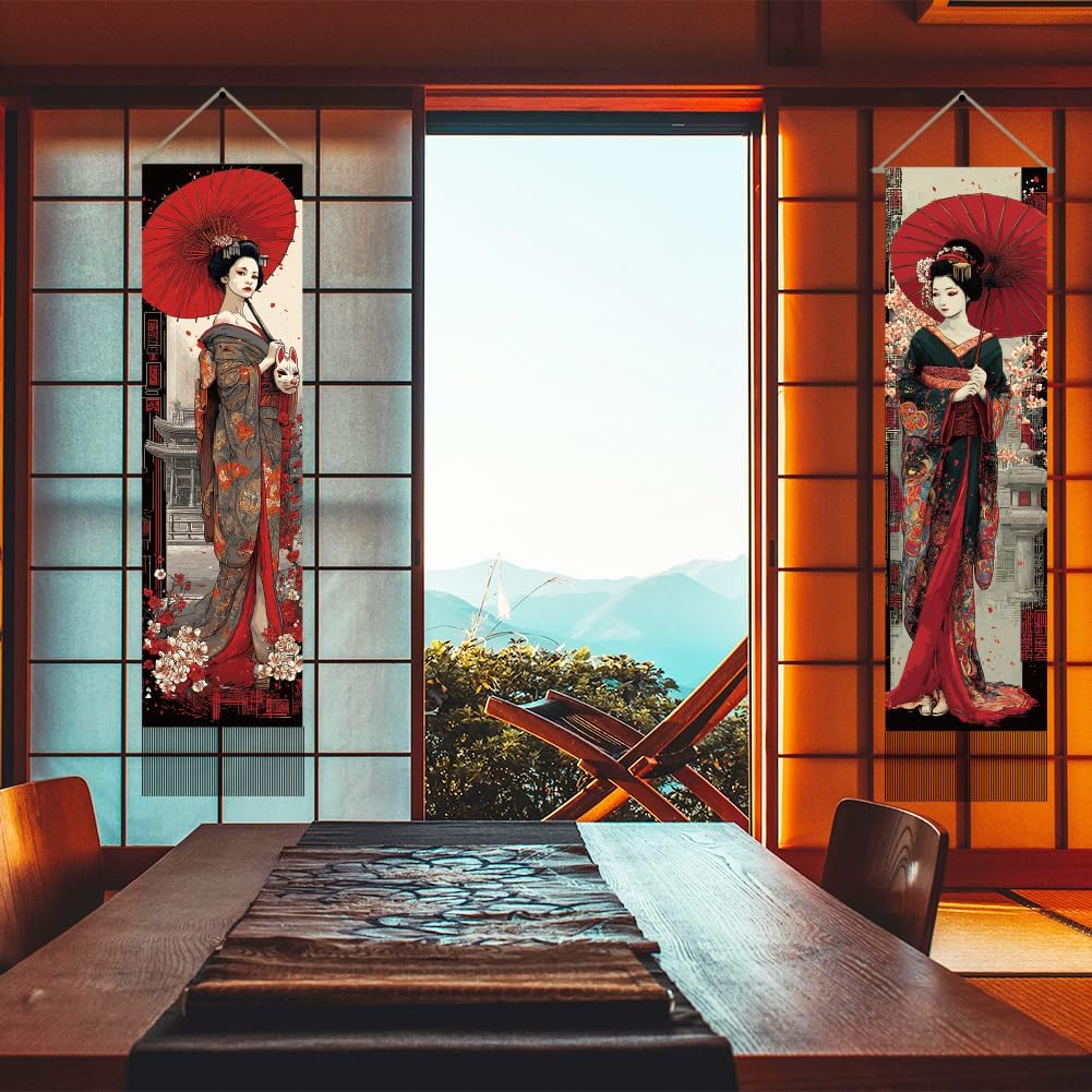 AHANDMAKER 2Pcs Japanese Geisha Tapestry, Red Umbrella Long Vertical Wall Hanging, Tassel Wall Tapestry Decor Mystic Aesthetic Decorations for Bedroom and Living Room (45.7x13 Inch)