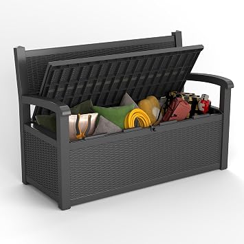 EasyUp 80 Gallon Wicker Weave Style Outdoor Storage Bench, Waterproof and Lockable Deck Box Outdoor Storage Furniture for Patio,Garden,and Porch-Perfect for Storing Garden ToolsBlack Pattern