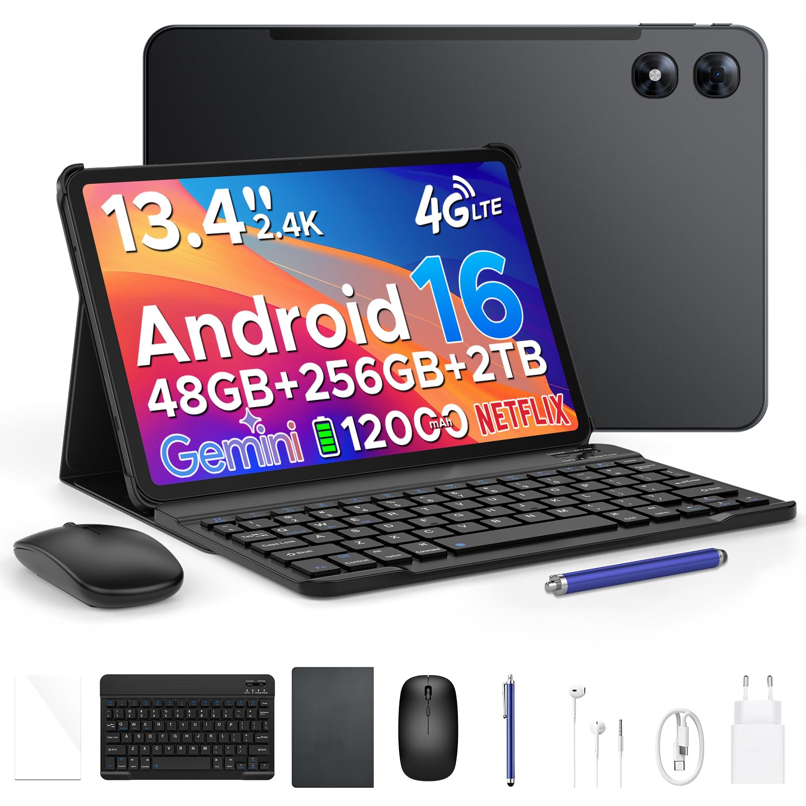 P13 Pro Tablet 13 Pollici con Sim,5GWiFi 4GLTE,48GB+256GB/TF 2TB,Nero | 2.4K,120Hz,T7280 Octa-Core,12000mAh/18W, 16MP+8MP, Gemini AI Tablet android 16, Face ID/GPS/FM/Tablet con Tastiera e Penna
