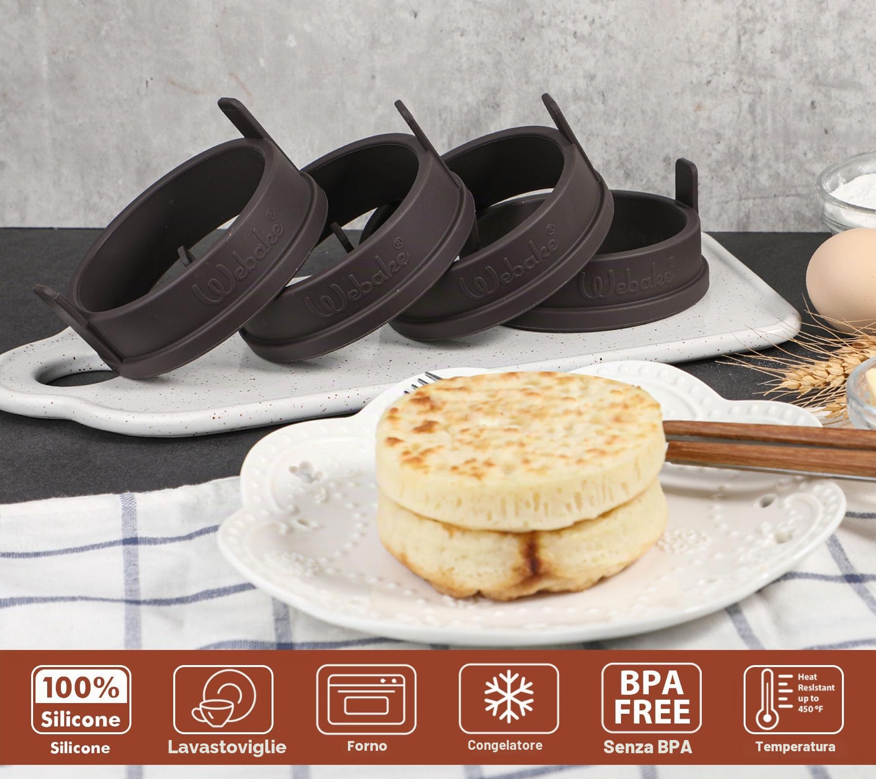Webake Set di 4 stampi per pancake in silicone, 9 cm, per padelle, uova fritte, frittelle, frittelle