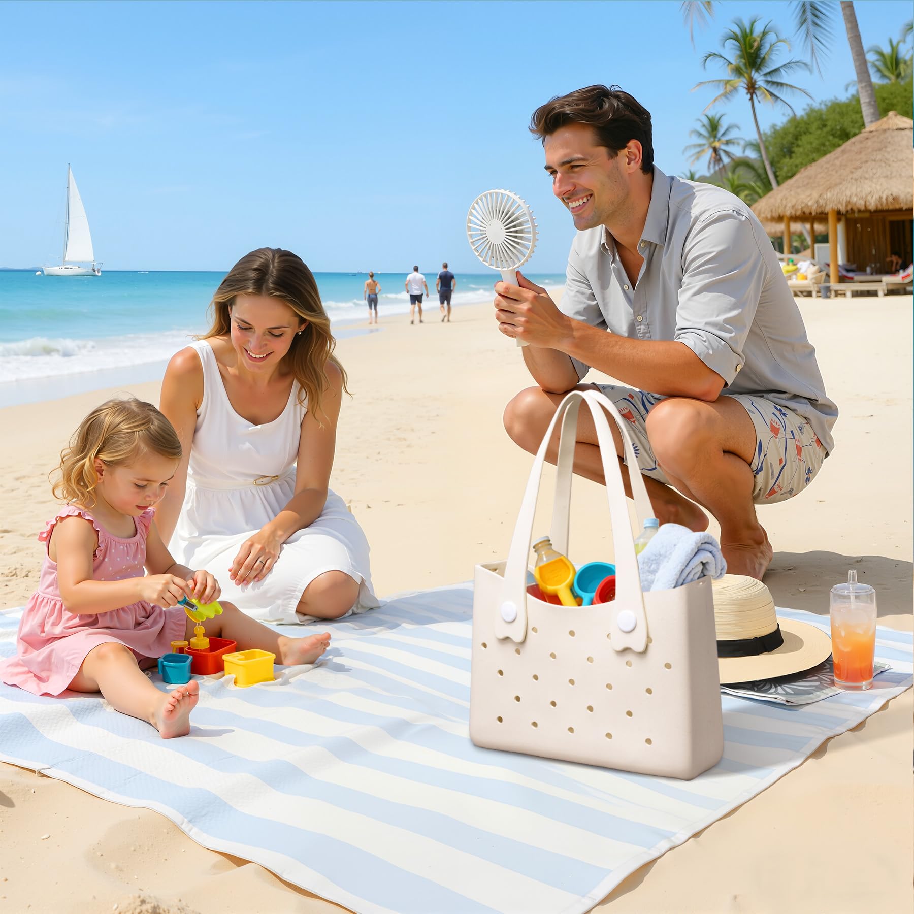 Larcenciel Strandtasche aus Gummi, wasserdichte Damen Tote Bag mit Perforiertem Design und Schultergurt, Beige Handtasche für Sommer, Reise, Pool, Boot, Arbeit, Sport, 35x27x11 cm