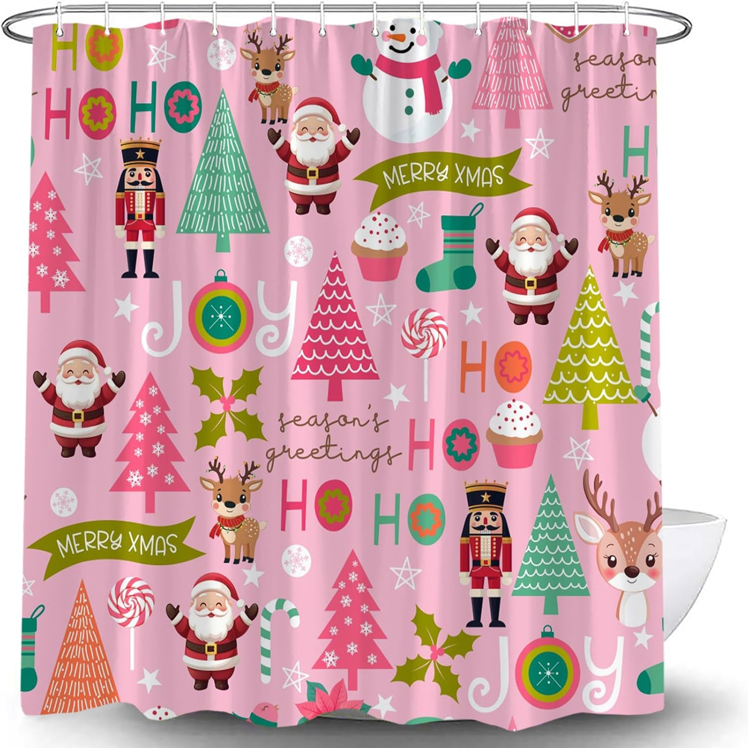 Cartoon Pink Christmas Shower Curtain Santa Claus Snowman Penguin Tree Present Happy New Year Merry Christmas Modern Winter Xmas Holiday Festival Fabric Bath Curtain Set with Hook