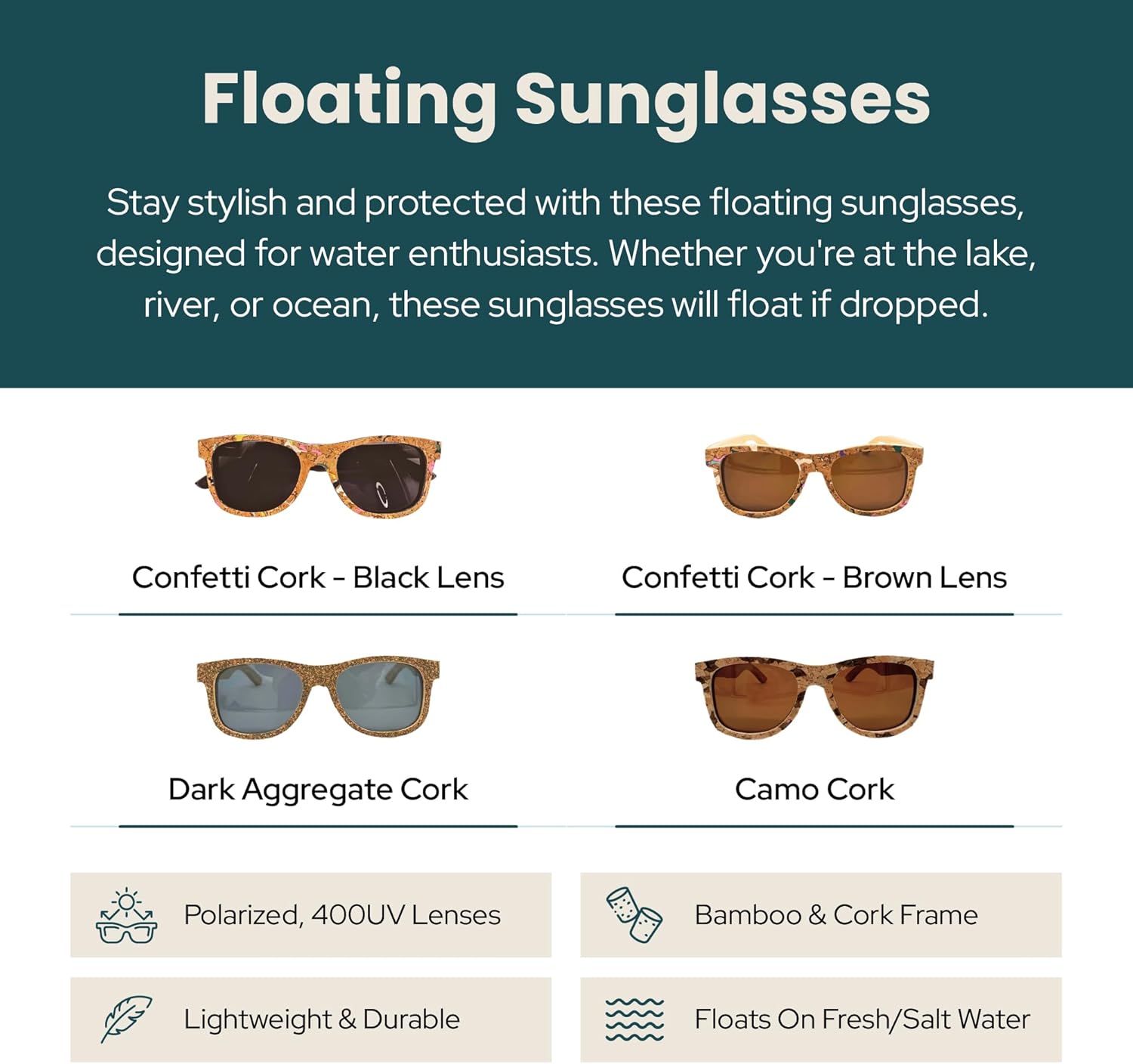 Floating Polarized Cork & Bamboo Sunglasses for Men & Women – UV400 Lightweight Wood Frame for Fishing, Boating & Beach