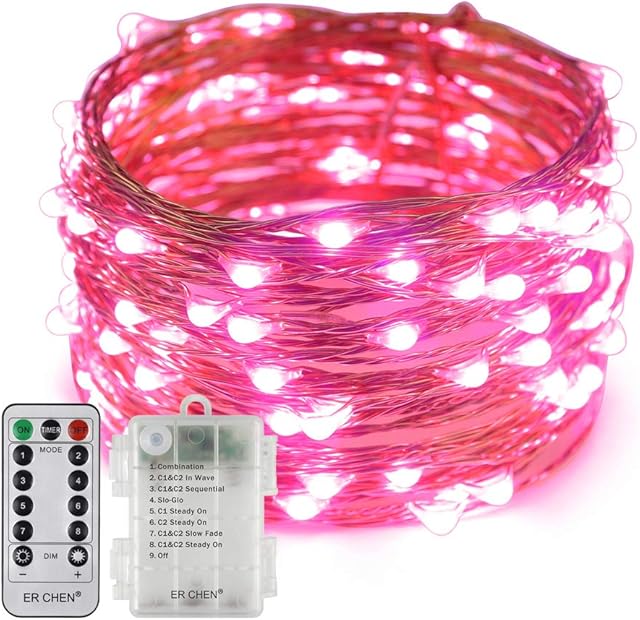 Erchen Battery Operated LED String Lights, Dimmable 33 FT 100 LED Ultra Thin Waterproof 8 Modes Timer Copper Wire Fairy Lights with 13 Key Remote Control for Indoor Outdoor Christmas Party (Pink)