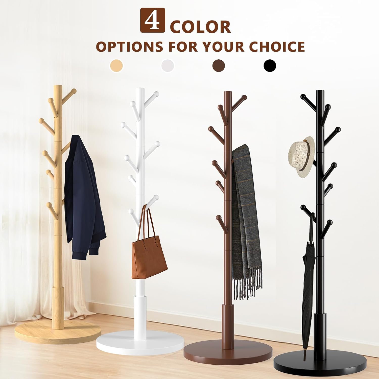 Coat Rack Freestanding Wooden Coat Tree Stand with 8 Round-tip Hooks, 3 Adjustable heights Coat Hat Rack for Entryway,Bedroom,Hallway,Office (Natural)