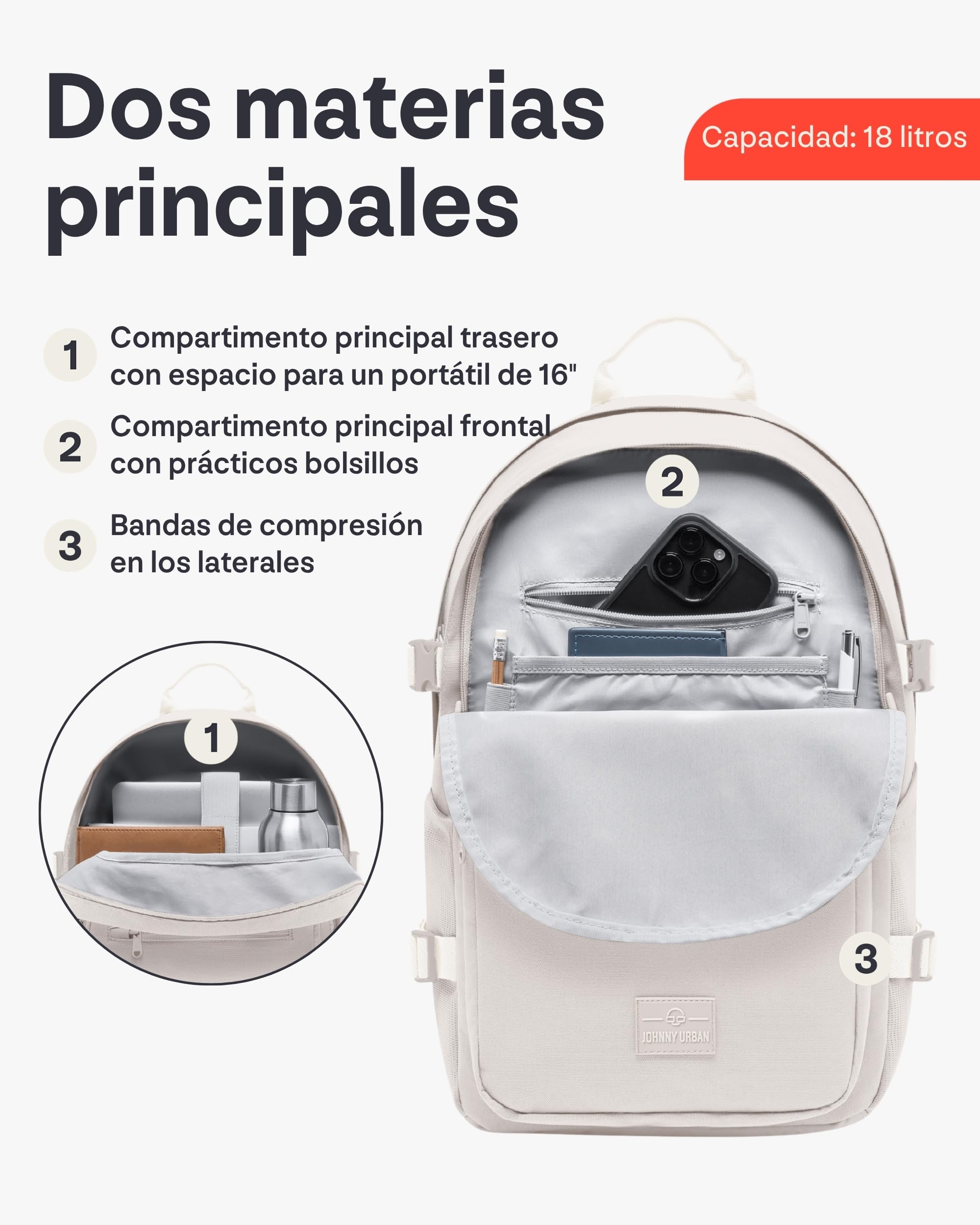 Johnny Urban Mochila Escolar Adolescentes - Lian - Cartera Escolar para Niños y Niñas - 18 Litros - Mochila Casual con Compartimento para Portátil para Colegio y Ocio - Repelente al Agua