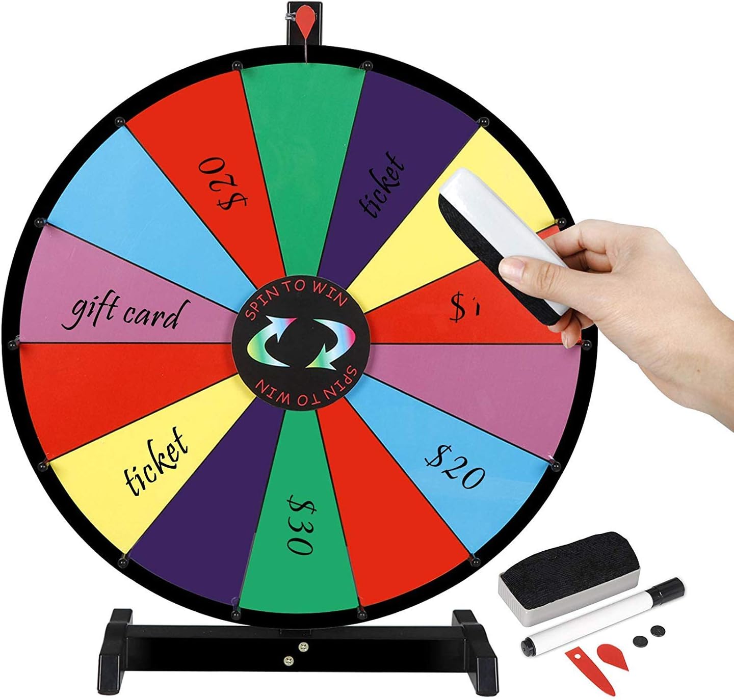 24 Inch Tabletop Spinning Prize Wheel, 14 Slots Color Prize Wheel Spinner Large Fortune Spinning Wheel with Dry Eraser & Marker Pen for Trade Show & Carnival