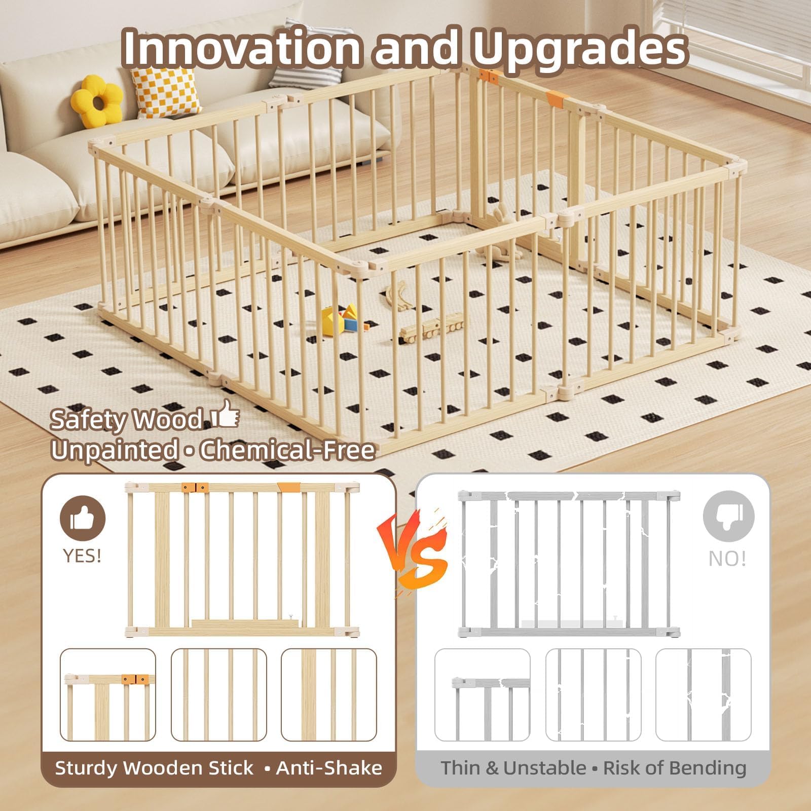 Baby Playpen, Wooden Playpen For Babies and Toddlers, Foldable Play Yard with Gate, 8 Panels Baby Fence, Indoor Play Area, Child Activity Center — view 5