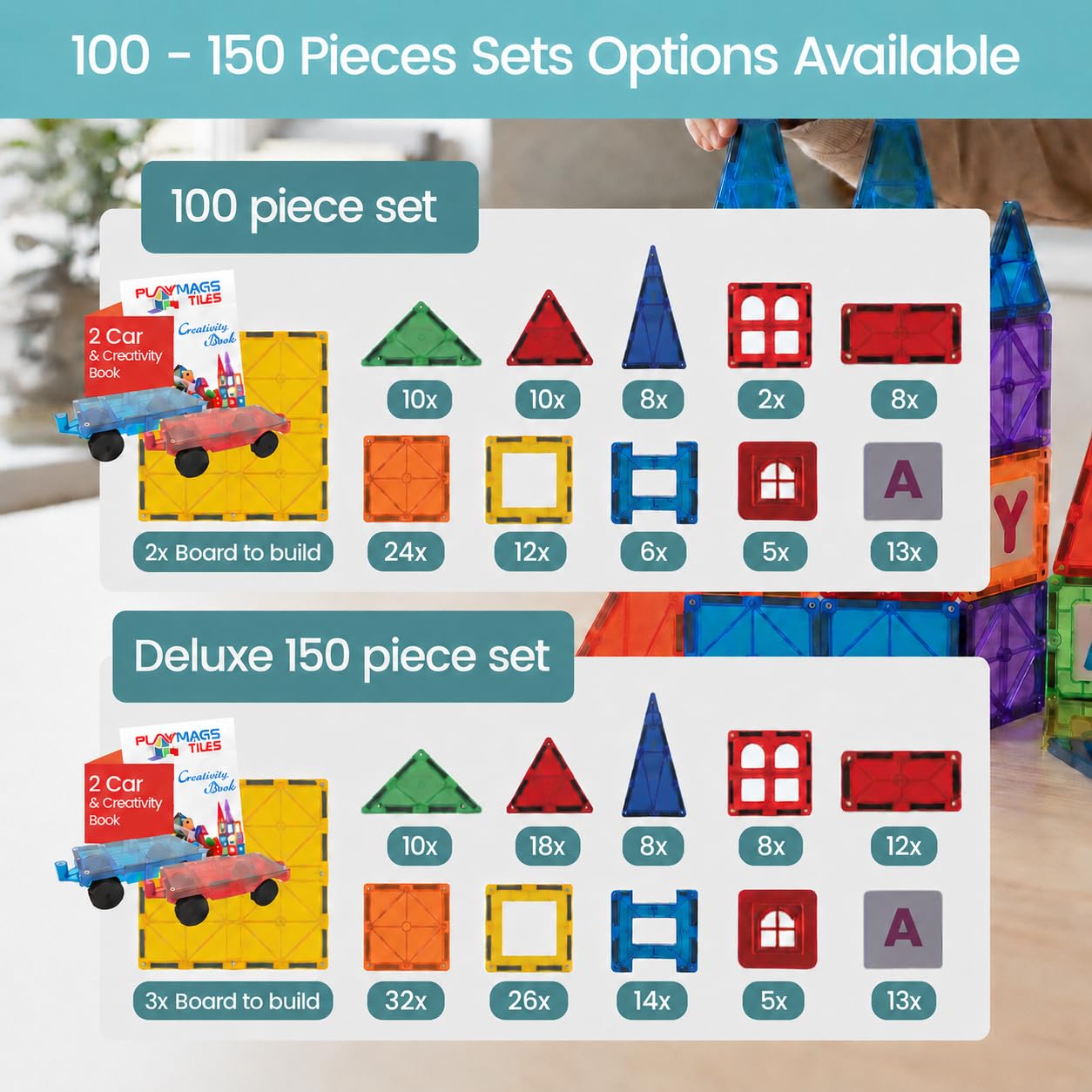 Playmags Magnetische Bausteine - Blocs De Construction Magnétiques Enfant Ensemble De 150 Mégas : Aimants Plus Puissants, Robustes, Super Durables avec des Carreaux De Couleur Clairs Et Transparents