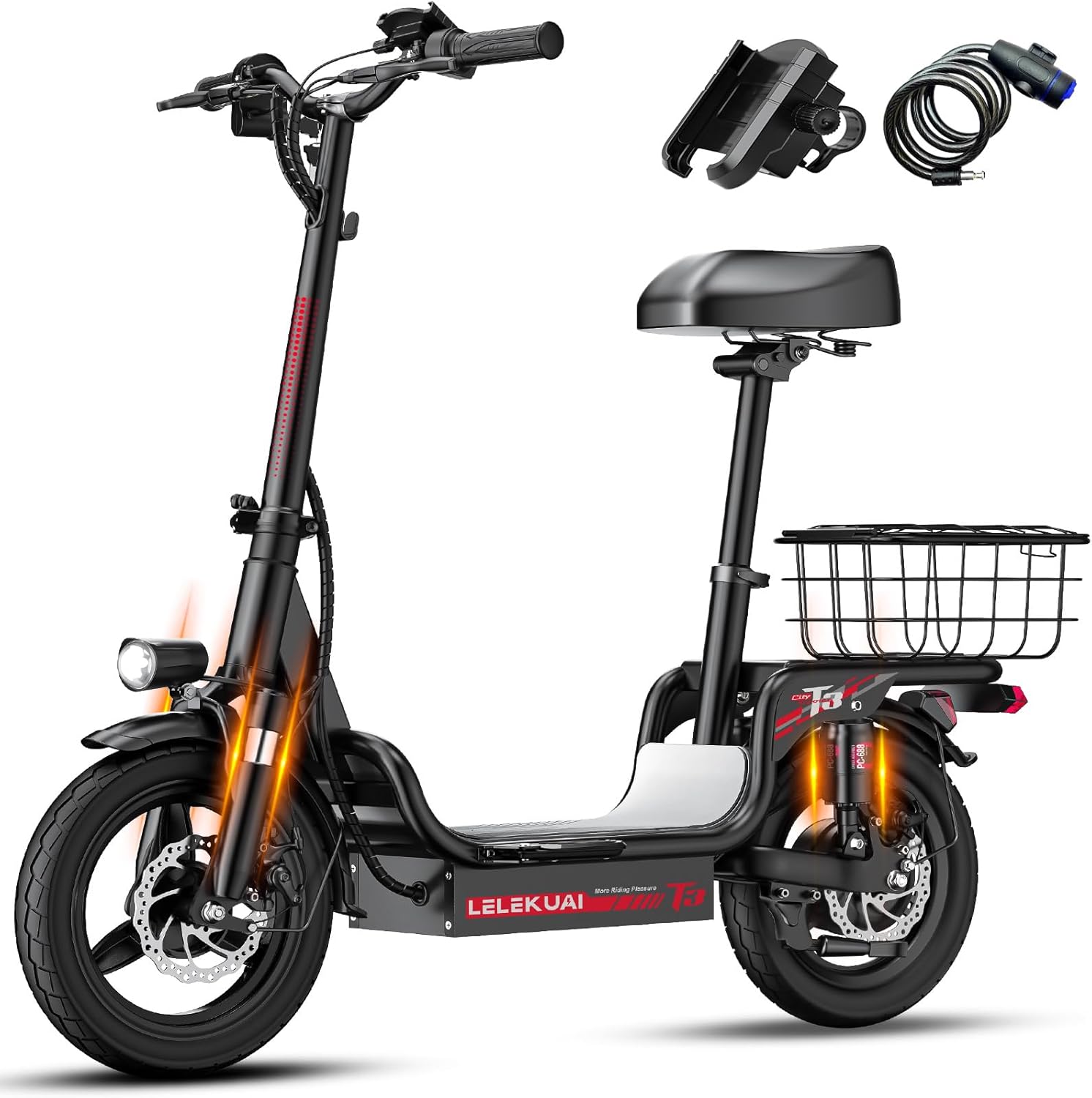 Heavy Duty Electric Scooter with Seat for Adults – 500 lbs Capacity Commuter E Scooters, 20MPH, 480W Motor, 30-Mile Range, Dual Suspension, Foldable Powered Mobility Scooter with 14" Tires & Basket