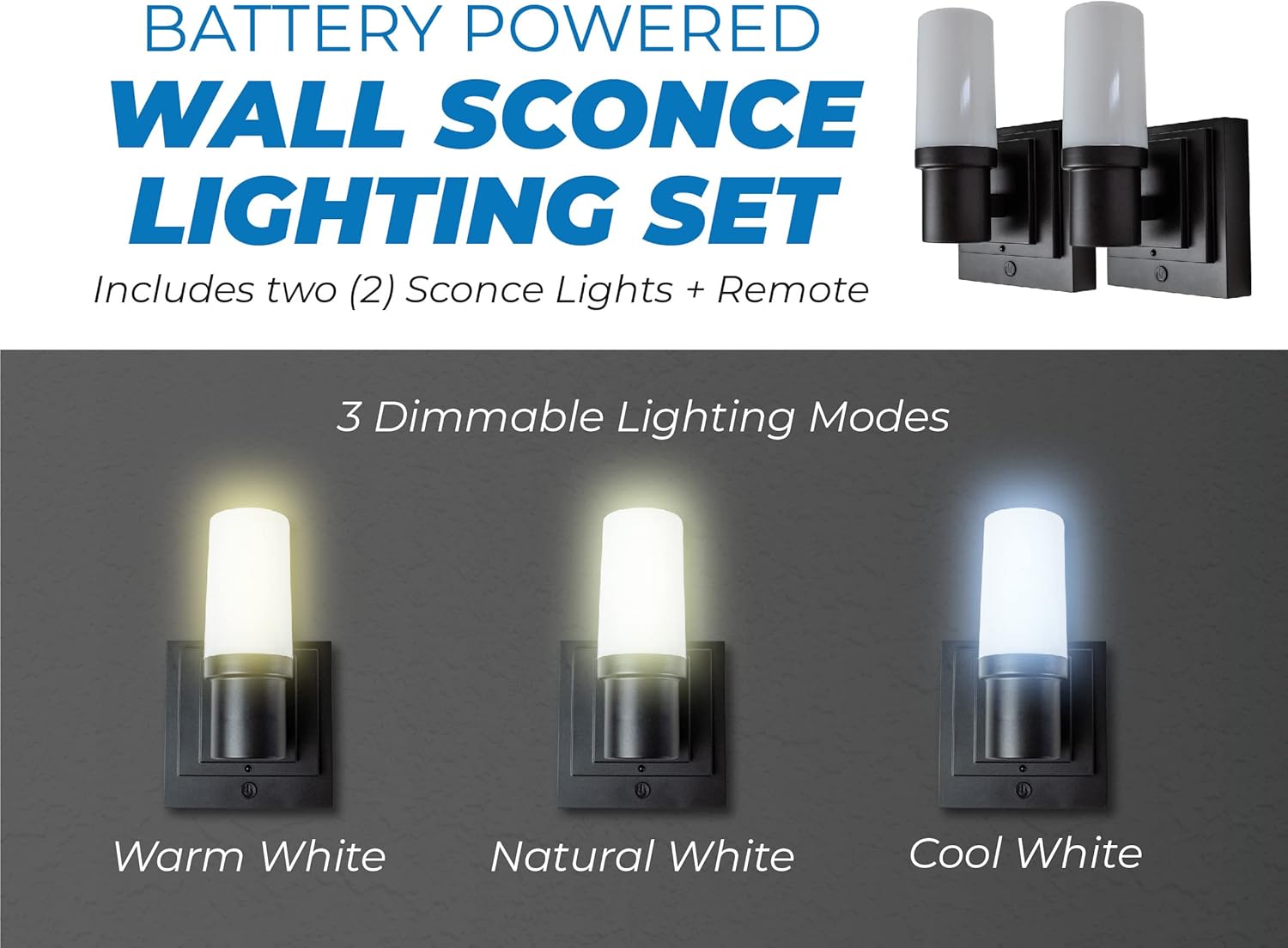 Westek Battery Operated Wall Sconce with Remote, 2 Pack Plastic Wireless Battery Wall Light, Easy No Wire Install 160 Lumens, 4 Hour Auto Shut-Off Matte Black Finish