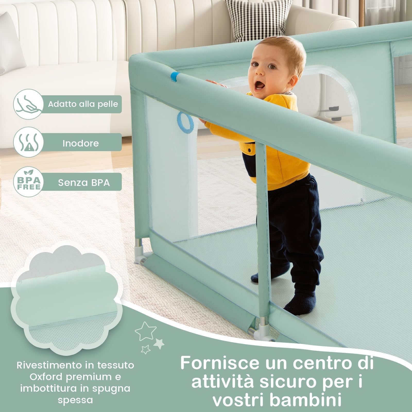 RELAX4LIFE Box Recinto per Bambini, Centro di Attività per Bambini dai 6 Mesi ai 3 Anni (200x180cm, C: 50 Palline+4 Anelli,VERDE)
