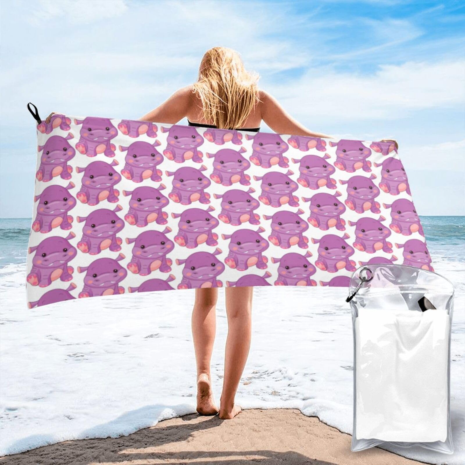 VCzsdff Cartoon Purple Hippo Print Quick Dry Towel Compact Beach Shower Wrap For Camping Fitness