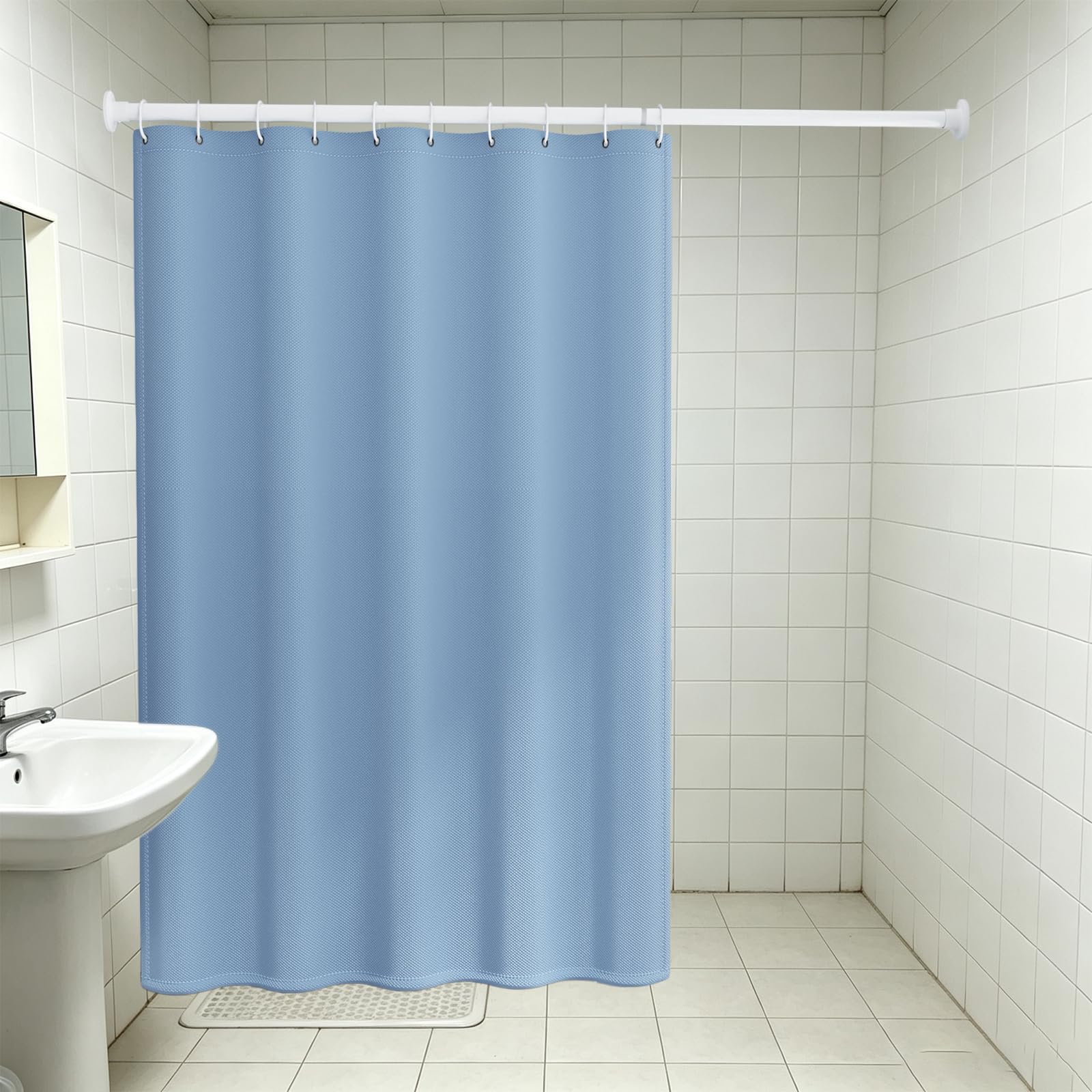 Cortina de Ducha 200 x 180 cm Cortina de Ducha con Ojales - Resistente Al Moho y Al Moho, Tela Repelente Agua, 100% Poliéster, con Ojales y Anillos, Azul Claro