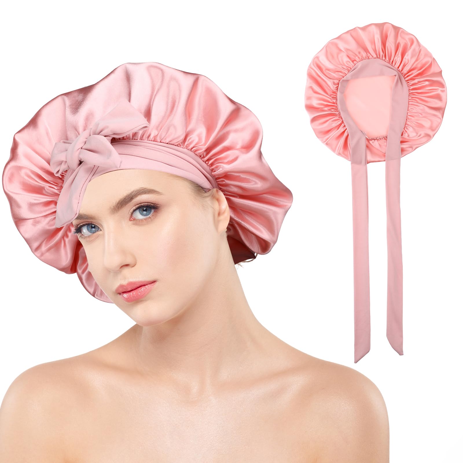 COMNICO Gorro de Seda, para Dormir Doble Capa con Forro de Satén, Gorro para el Pelo con Cinta Ajustable, Turbante Extragrande, Gorro para Dormir para Mujeres, Pelo Rizado Natural y Rizado, Rosa