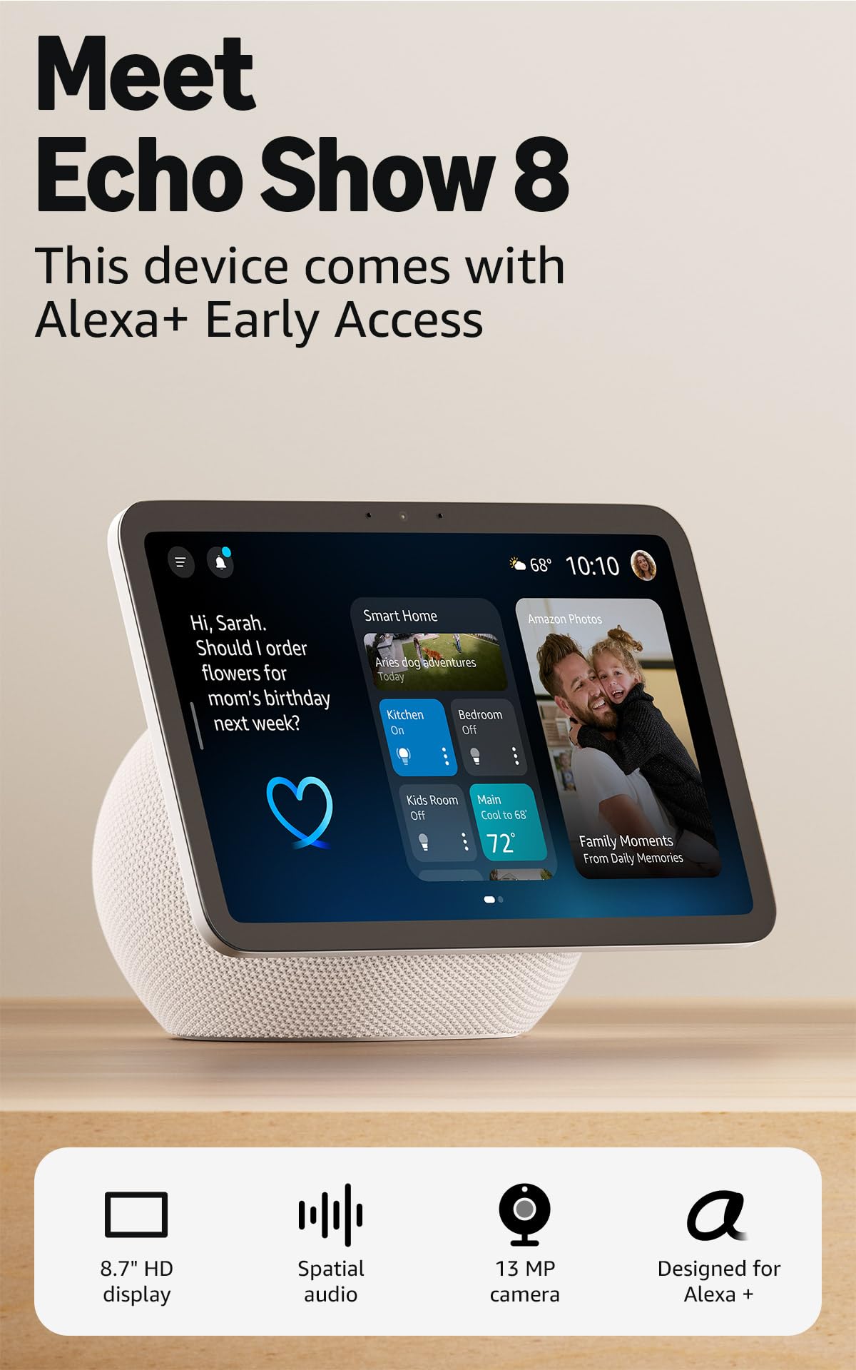 Amazon Echo Show 8 (newest model), Vibrant HD 8.7" display with spatial audio, designed for Alexa+, Glacier White