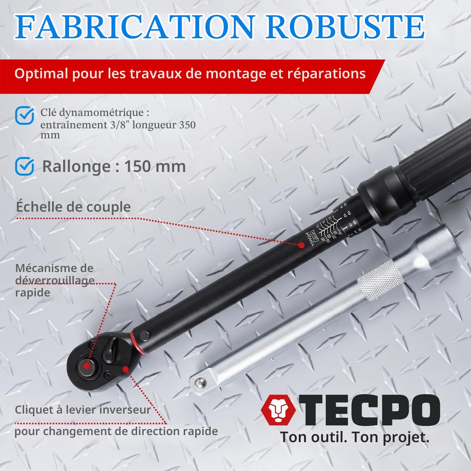 TECPO Jeu de clés dynamométriques pour moto 3/8" 5-60 Nm Clé à gradation fine